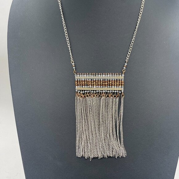 Beaded Tassel Fringe Pendant Chain Necklace Silver and Gold Tone 22 Inches - Picture 4 of 5